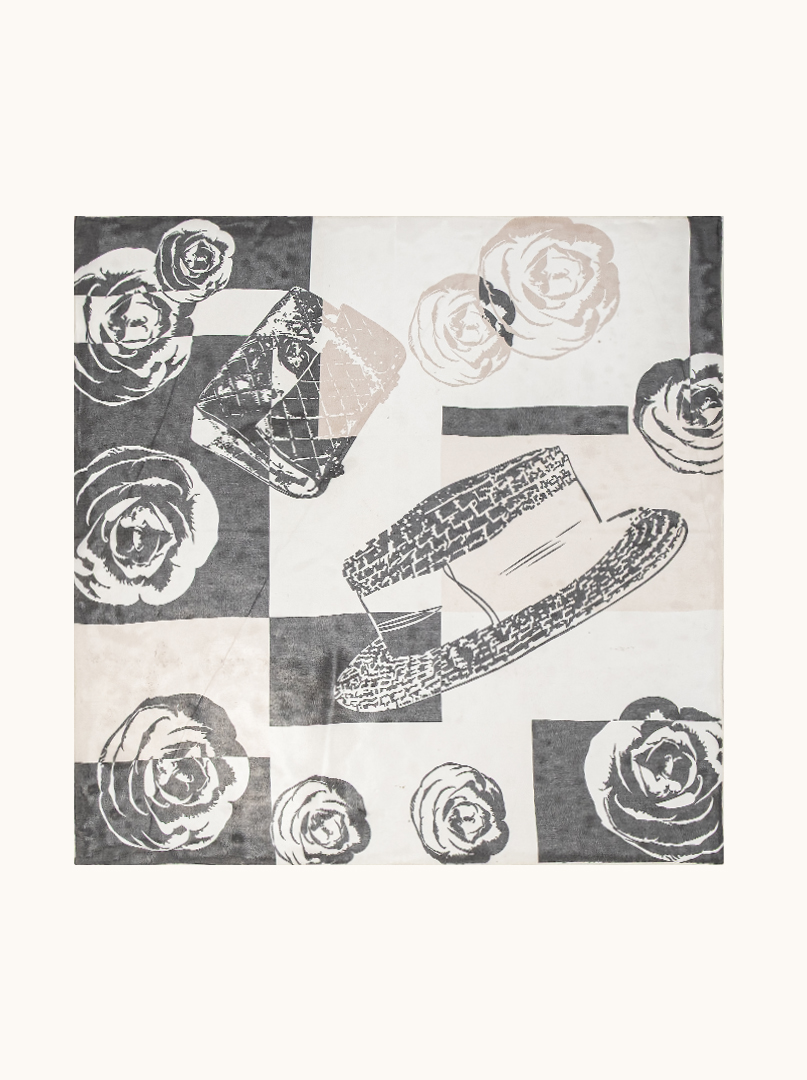 Medium silk scarf with rose motif in shades of black, beige and white 65 cm x 65 cm image 2