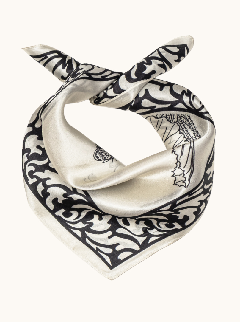 Small silk scarf in ivory shade with black ornament 53cm x53cm image 1