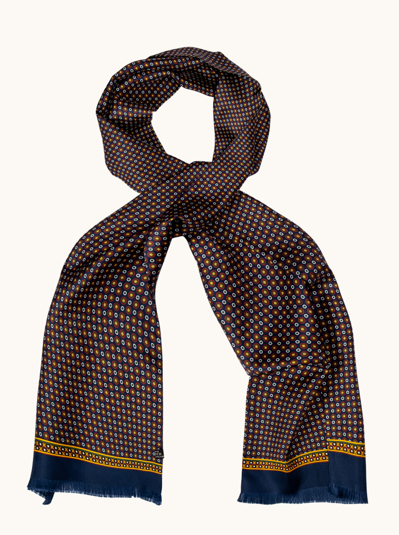 Exclusive men's navy blue scarf with geometric pattern, 25 cm x 160 cm image 1