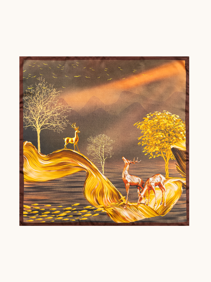 Silk scarf Golden Forest poetic landscape starring deer 68cm x 68cm image 2
