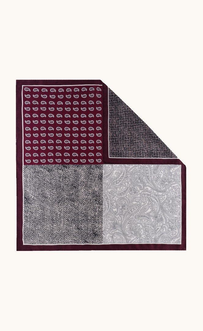 Wool scarf with paisley silk in burgundy color 65x65 cm image 1