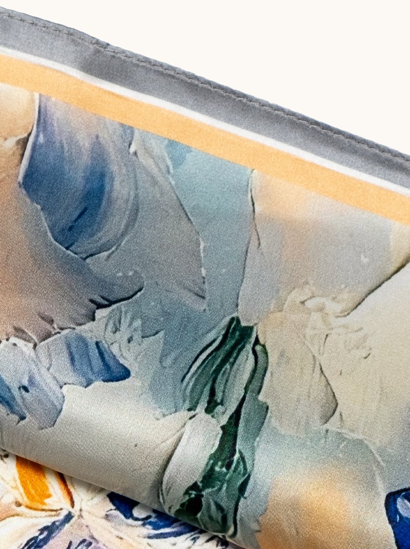 Small silk scarf for women with painted flowers, 53 cm x 53 cm image 4