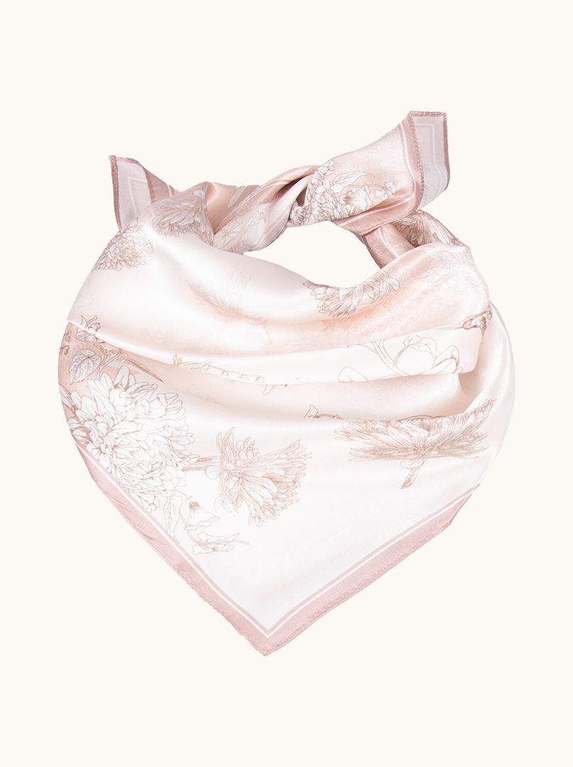 Small silk scarf gavroshka powder pink with delicate flowers 53cm x53cm image 1