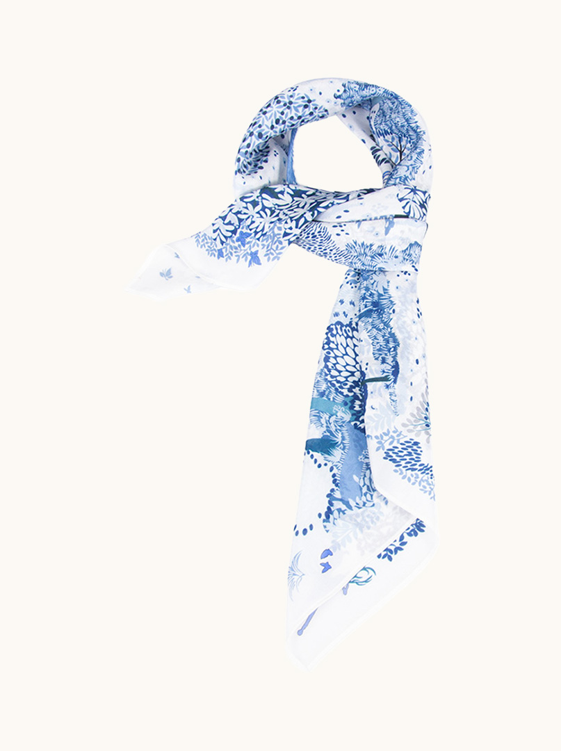 Medium blue mulberry silk scarf with forest motif 65cm x65cm image 1