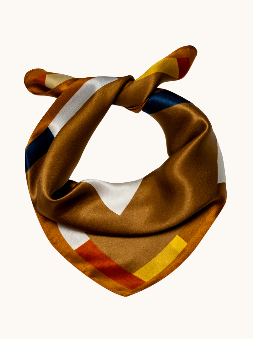 Small women's silk scarf in caramel shade with geometric frame, 53 cm x 53 cm image 1