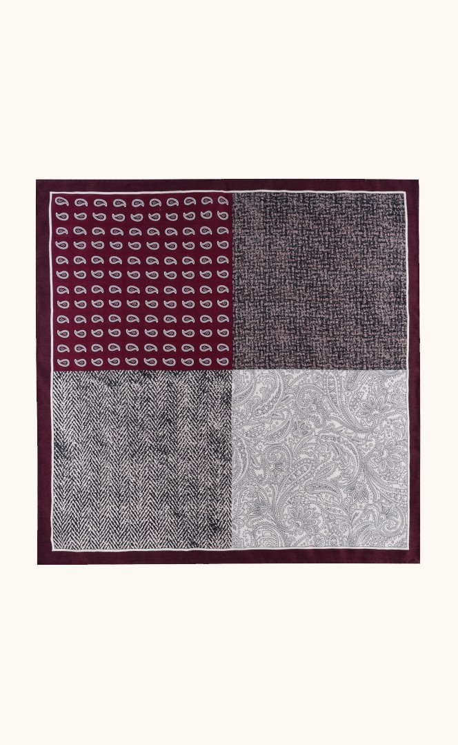 Wool scarf with paisley silk in burgundy color 65x65 cm image 2