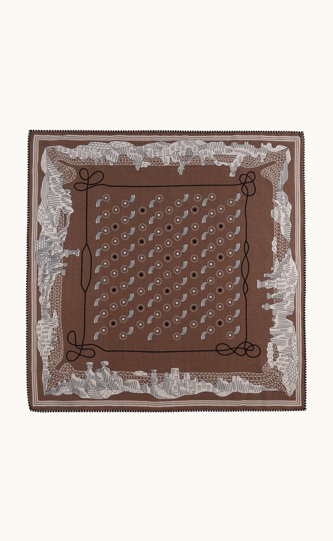 Wool and silk brown scarf with paisley motif 65x65 cm image 2