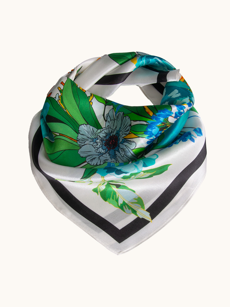 Small women's silk scarf with tropical flowers 53cm x 53cm image 1