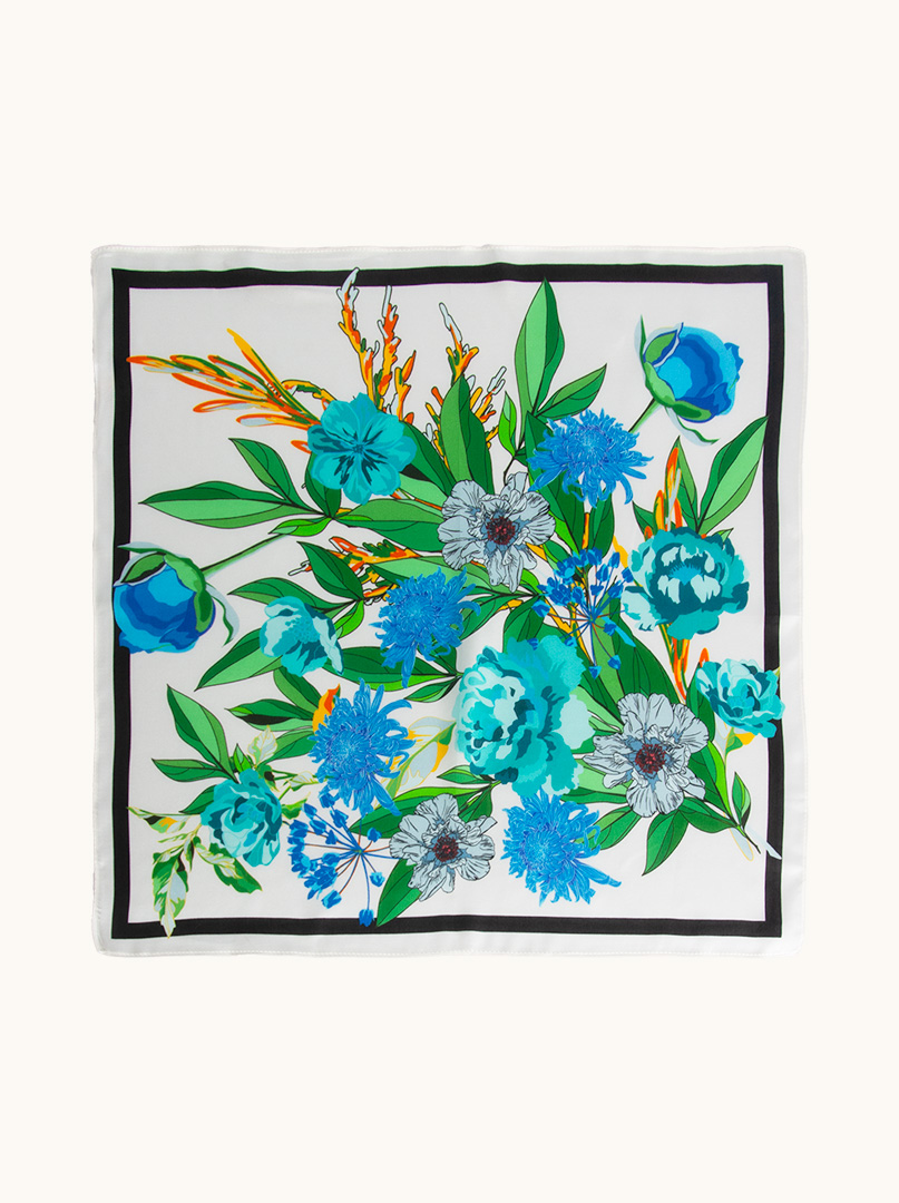 Small women's silk scarf with tropical flowers 53cm x 53cm image 2