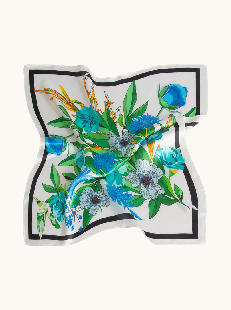 Small women's silk scarf with tropical flowers 53cm x 53cm image 3