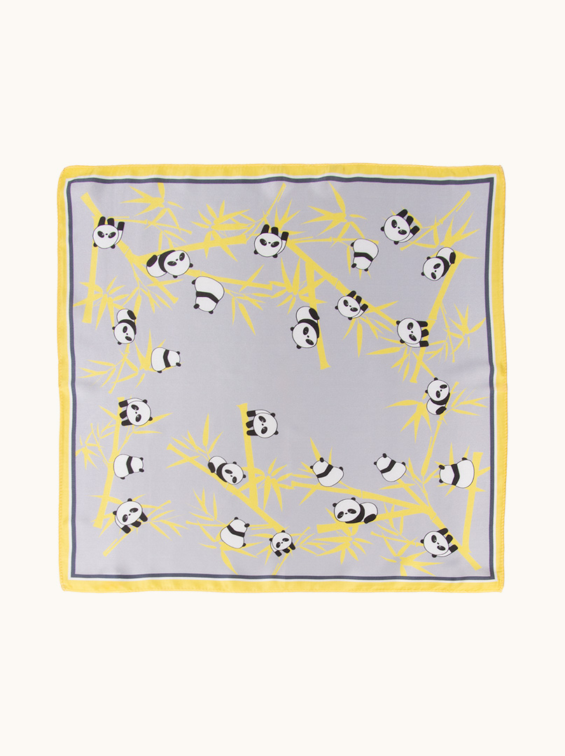 Small silk scarf gavroshka grey and yellow with panda motif 53cm x53cm image 2