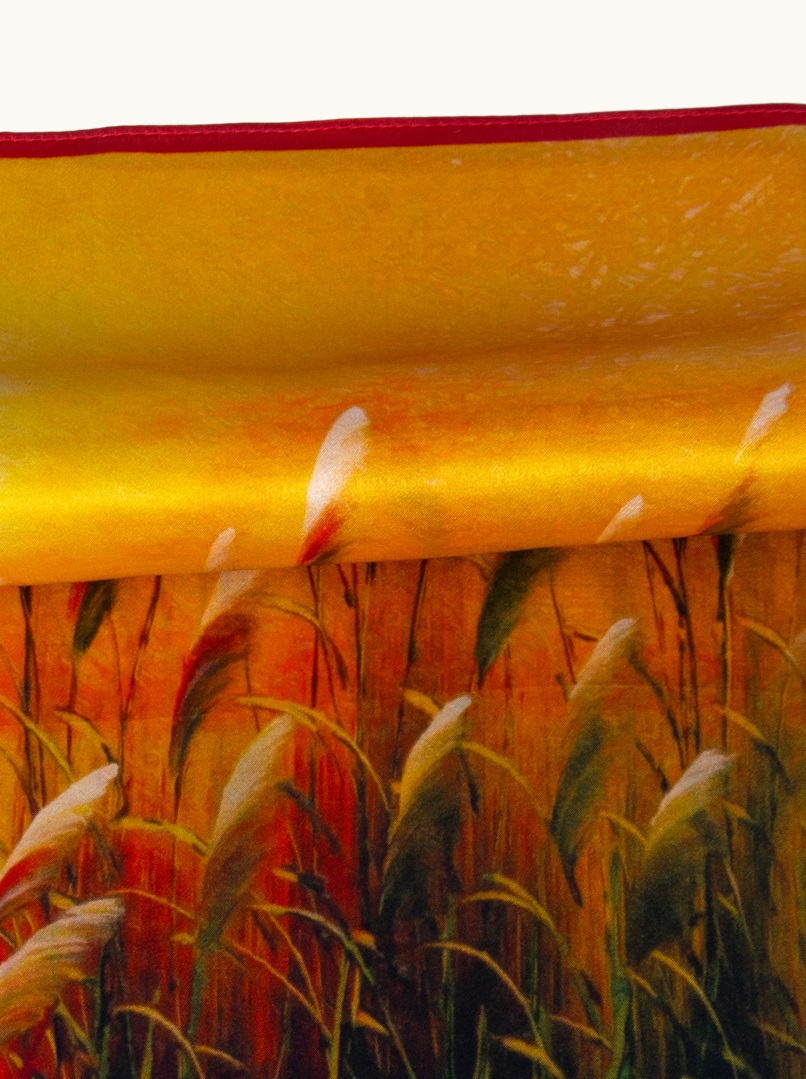 Small gold silk gavroshka scarf with sunset and reeds motif 53cm x53cm image 4