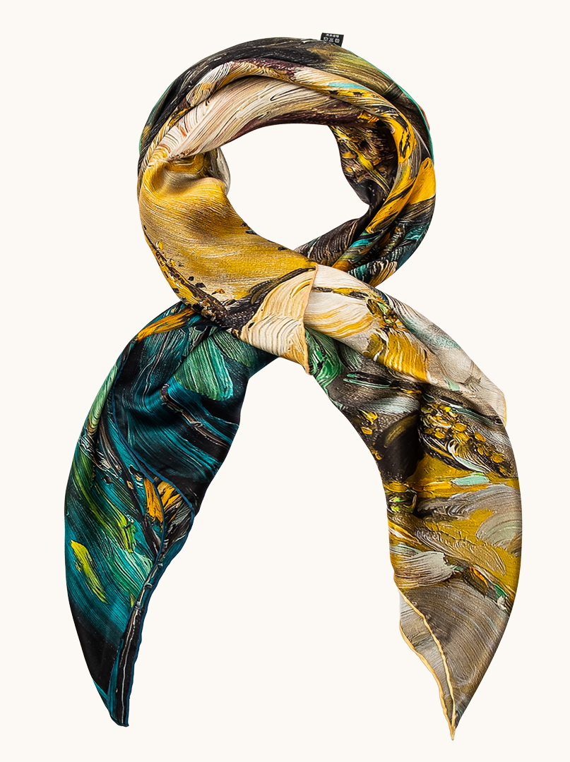 Large 110x110cm silk scarf in graphite with yellow patterns image 1
