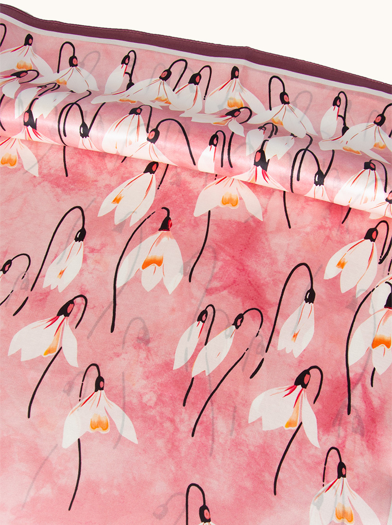 Large pink silk scarf with floral pattern 88cm x88cm image 4