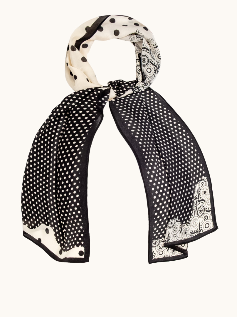 Black and white silk shawl with peas and geometric patterns 35 cm x 150 cm image 1