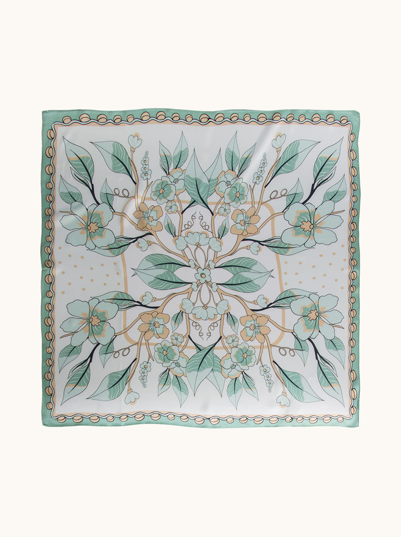 Large silk scarf with pattern of mint leaves and flowers 90cm x 90cm image 2