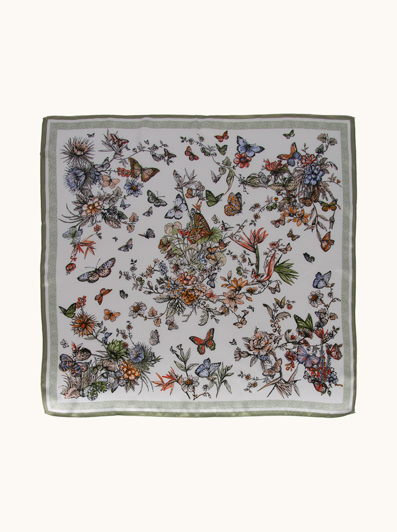 Silk scarf with butterflies and flowers 70 cm x 70 cm PREMIUM image 4