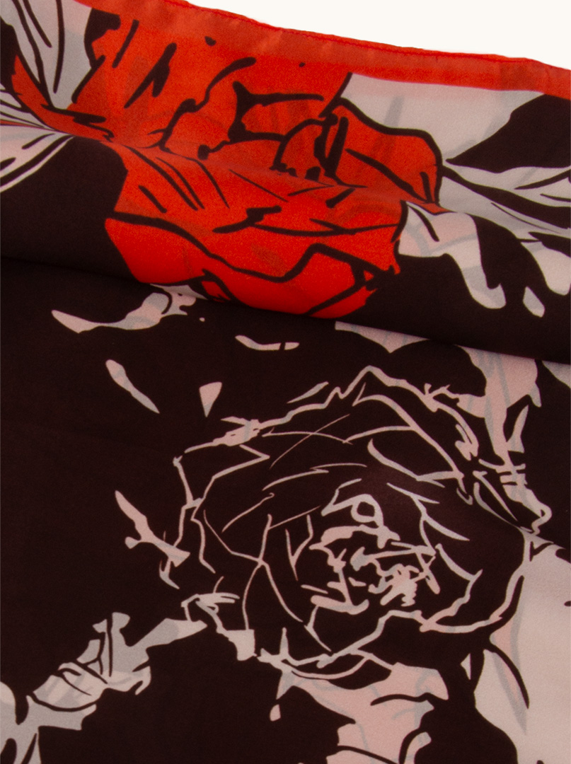 Red and brown silk scarf with rose motif 65 cm x 65 cm image 3