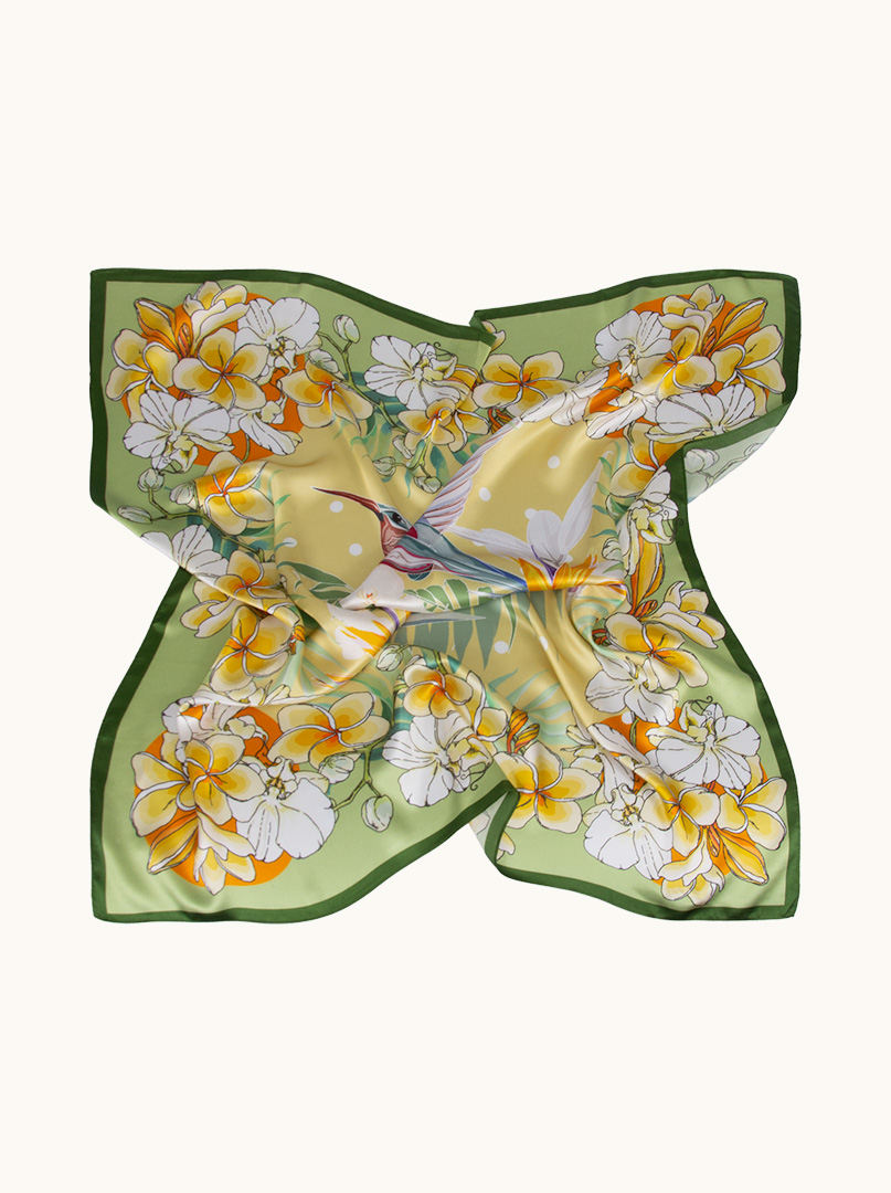 Green silk scarf with floral motif 90 cm x 90  image 2