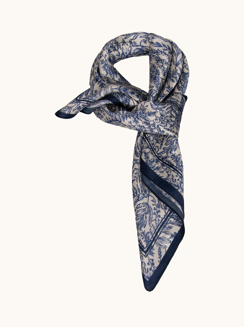 Silk scarf with white border with flower motif 65 cm x65 cm image 1