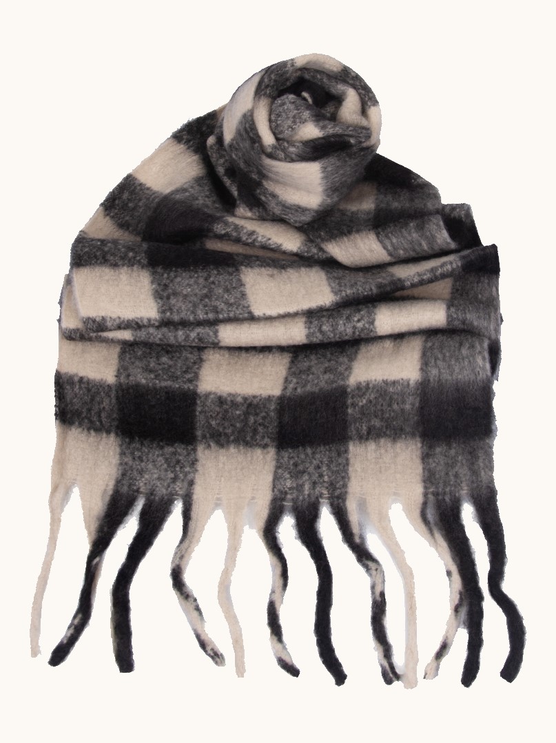 Warm checkered shawl with tassels black and beige 45x200 cm image 1