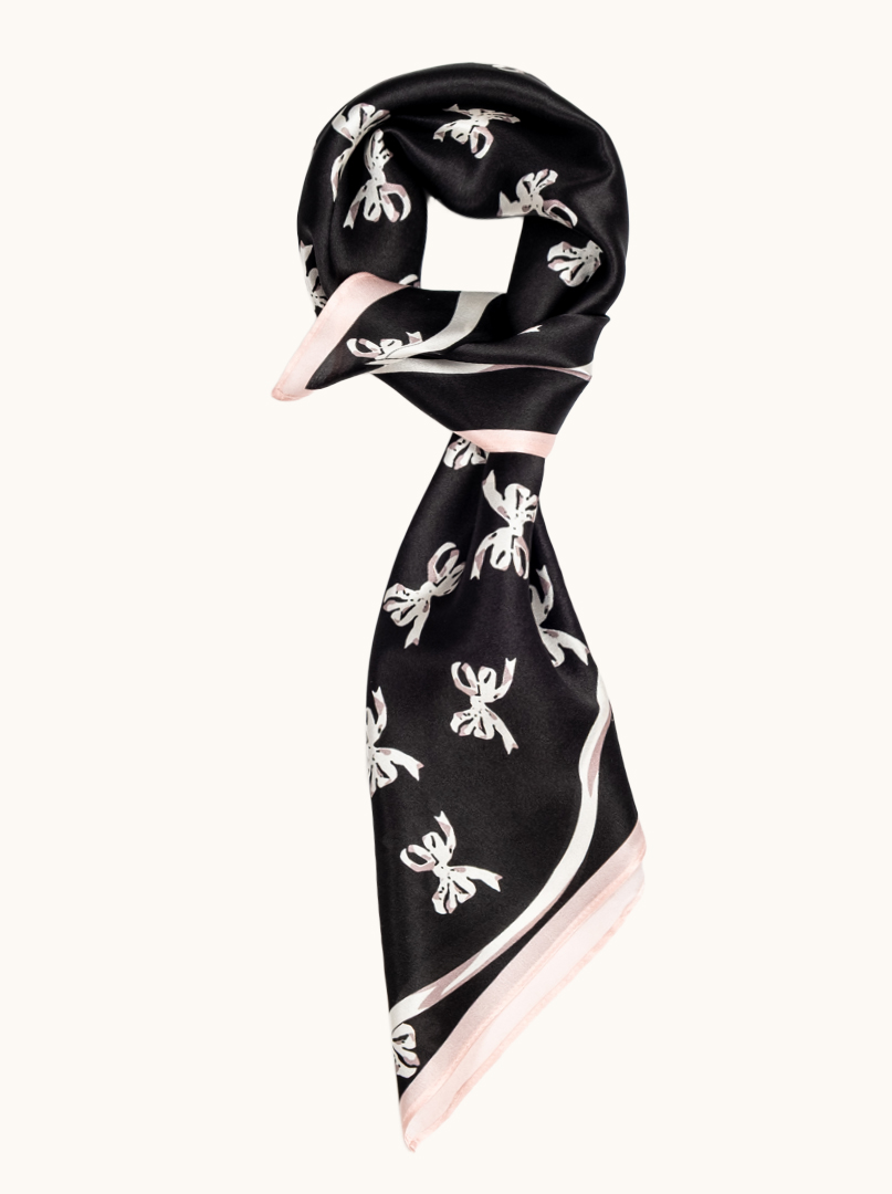 Silk scarf black elegance with a bow in the background 68cm x 68cm image 3