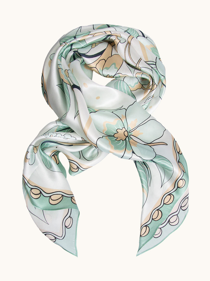 Large silk scarf with pattern of mint leaves and flowers 90cm x 90cm image 1