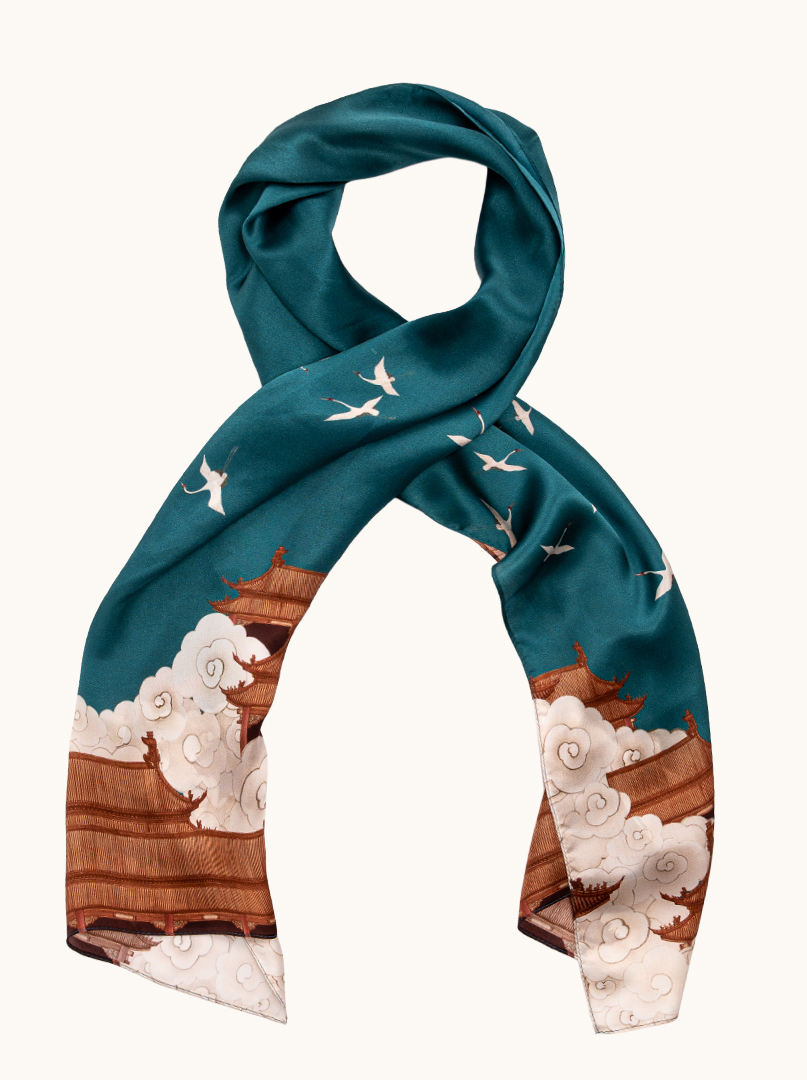 Large blue silk scarf with birds, 55x175 cm image 1