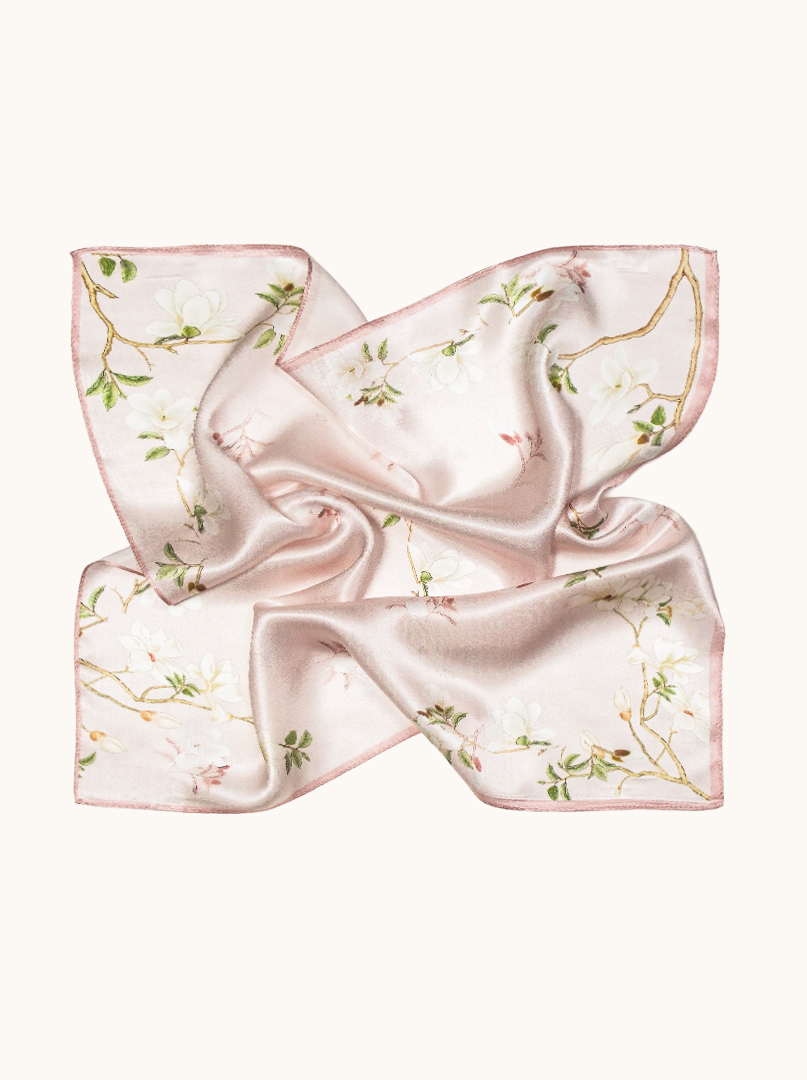 Small silk scarf in powder pink with blooming magnolia motif 53cm x53cm image 3