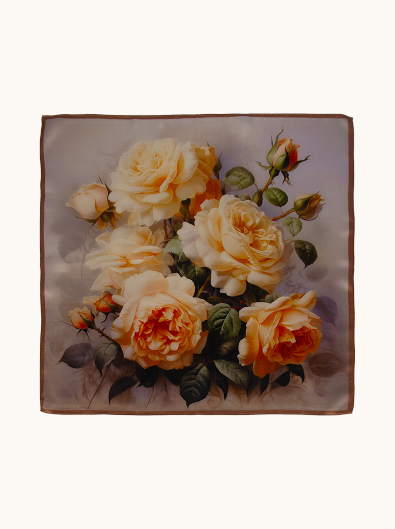 Silk gavroche with brown border and floral motif 53 cm x 53 cm image 2