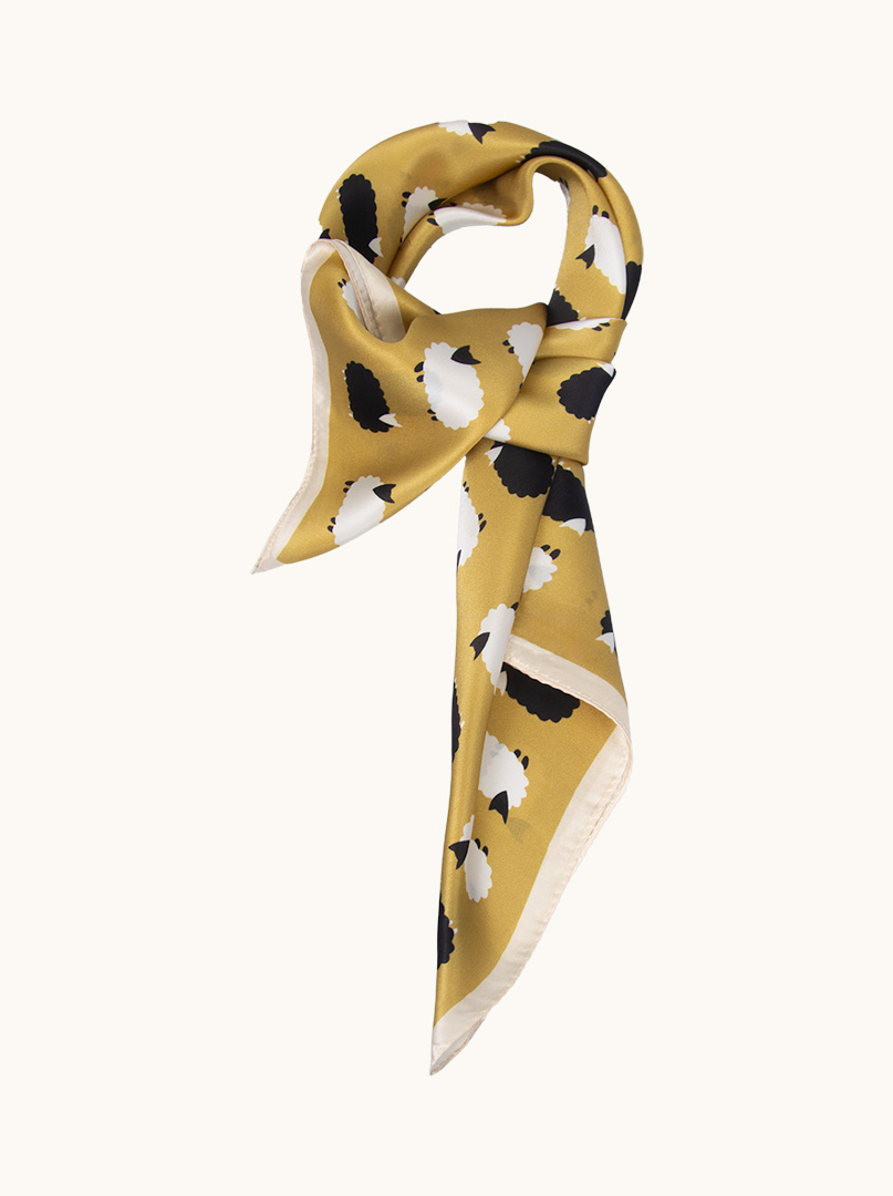 Mustard-coloured silk scarf with sheep pattern 65 cm x 65 cm image 4