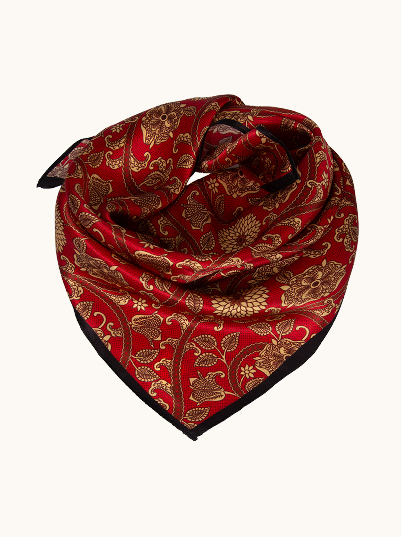 Red silk gavroche with floral motif 53 cm x 53 cm image 1