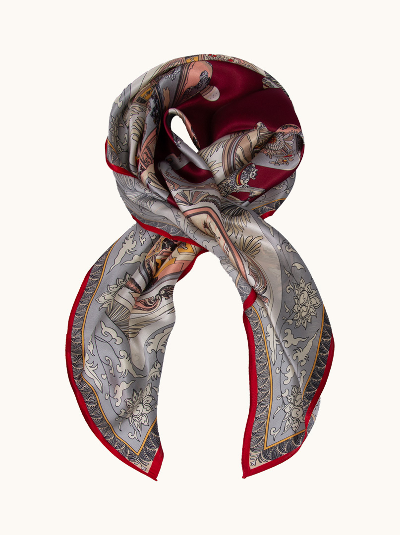 Silk scarf with red border with vase motif 86 cm x 86 cm image 1