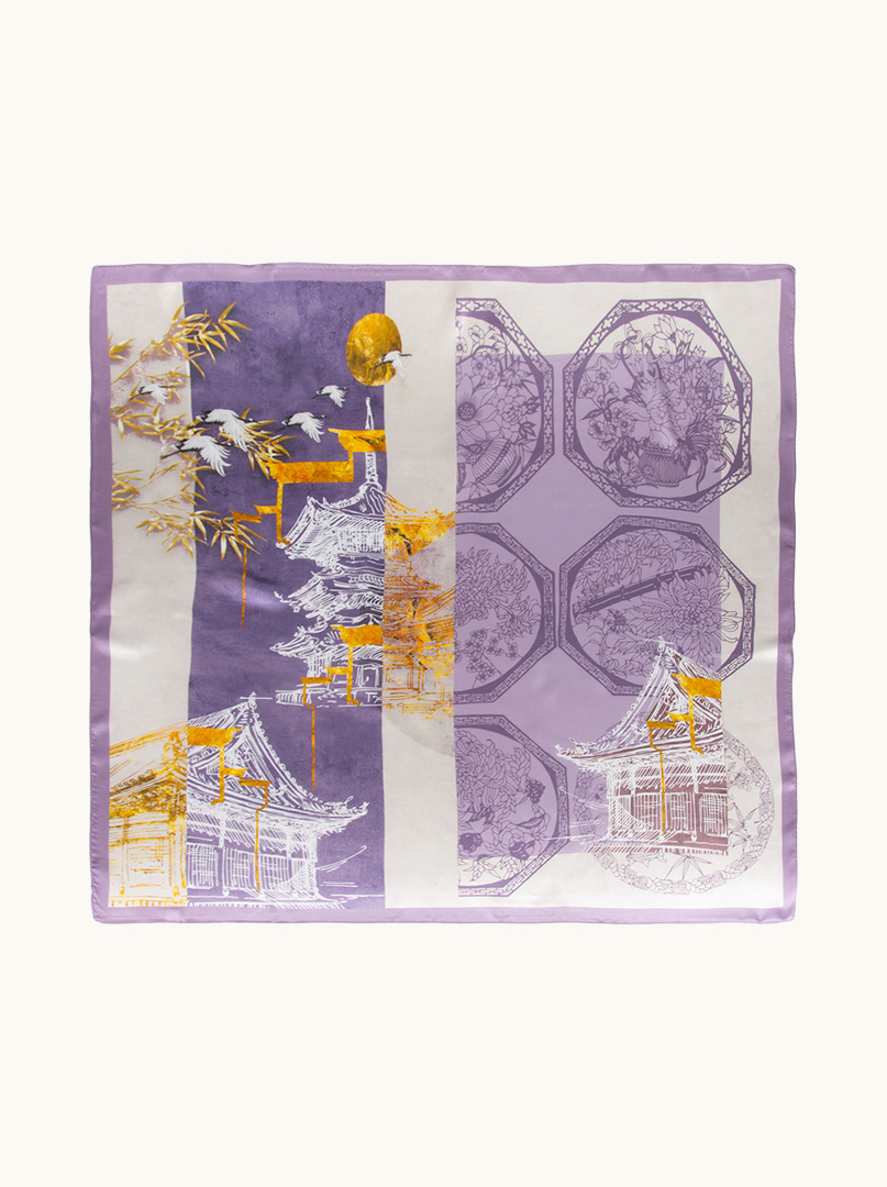Large silk scarf with Japanese motif 90cm x 90cm image 2