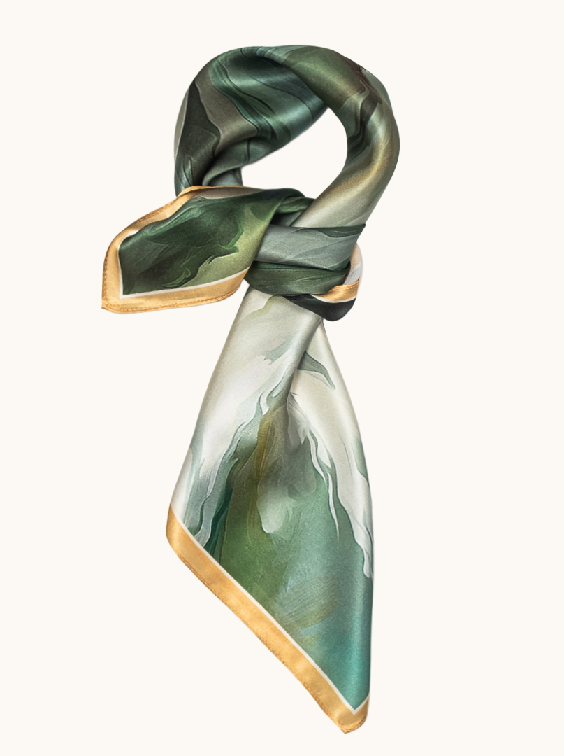 Medium silk scarf with floral motif in shades of green 68cm x 68 cm image 1