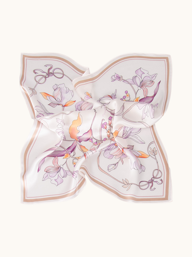 Silk gavroshka scarf with pastel flowers 53 cm x 53 cm PREMIUM image 4