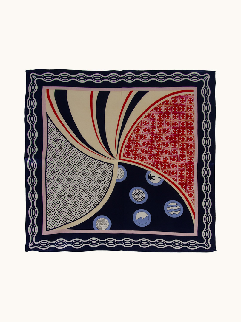 Silk gavroche with navy blue border and artistic pattern 53 cm x 53 cm image 2