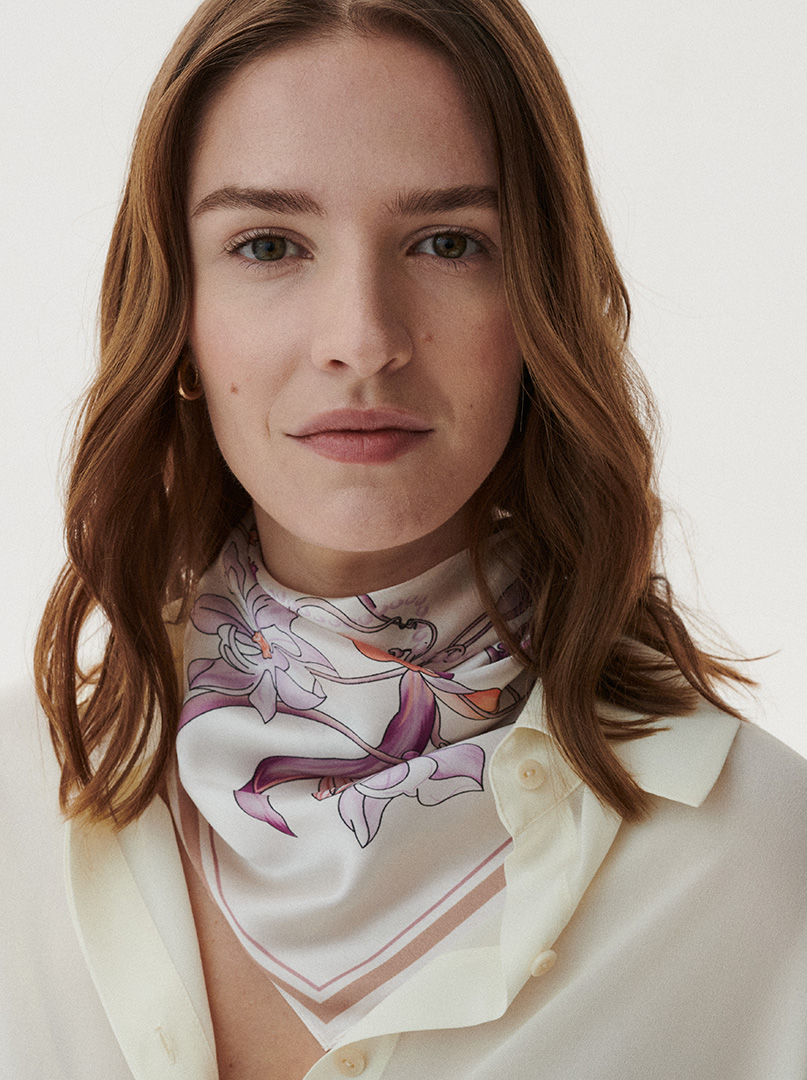 Silk gavroshka scarf with pastel flowers 53 cm x 53 cm PREMIUM image 1