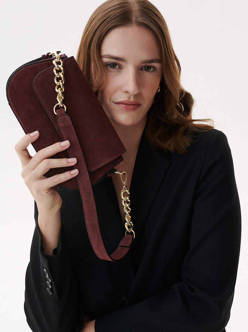 Allora suede baguette bag with chain - burgundy shoulder bag image 1