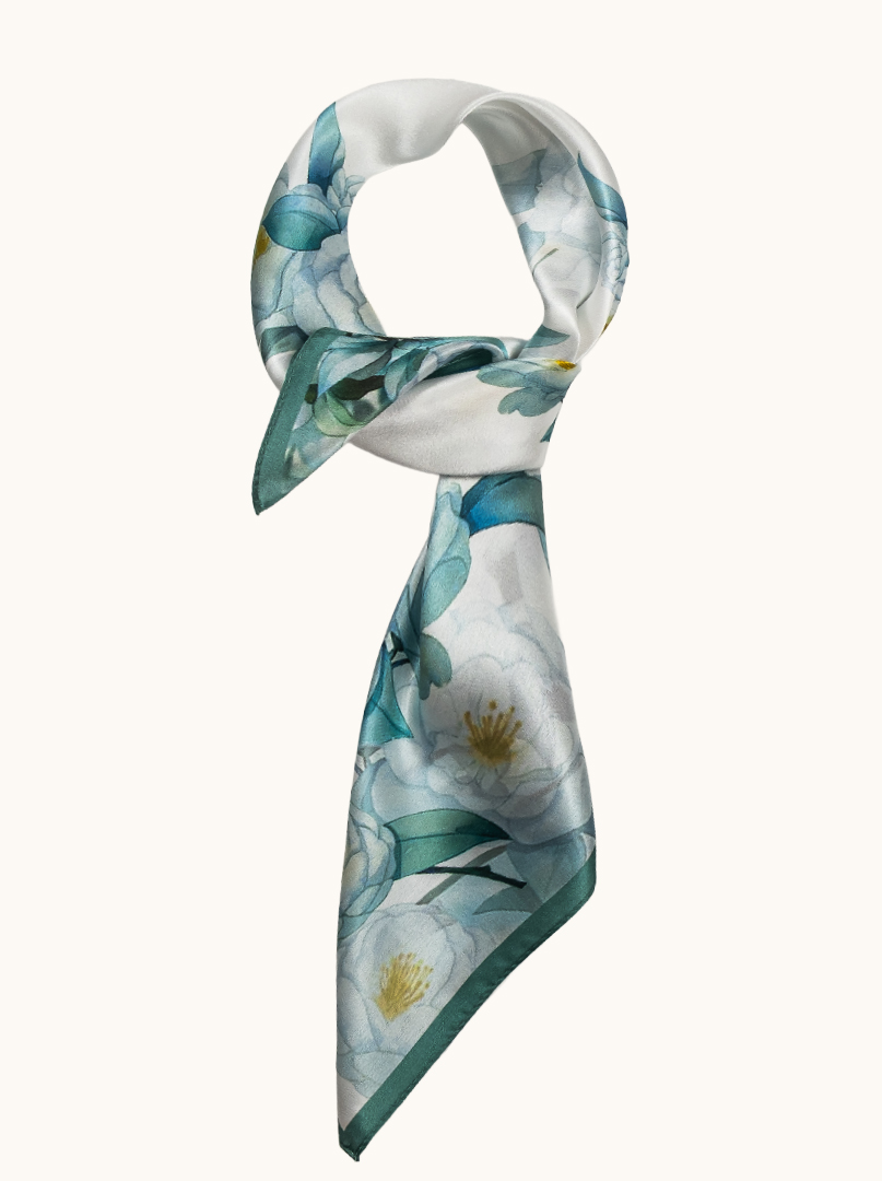 Silk scarf in shades of white and emerald 68cm x 68cm image 2