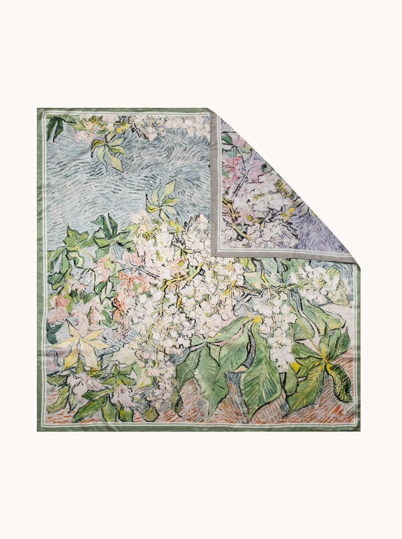 Large reversible silk scarf with floral pattern, 90 cm x 90 cm image 1