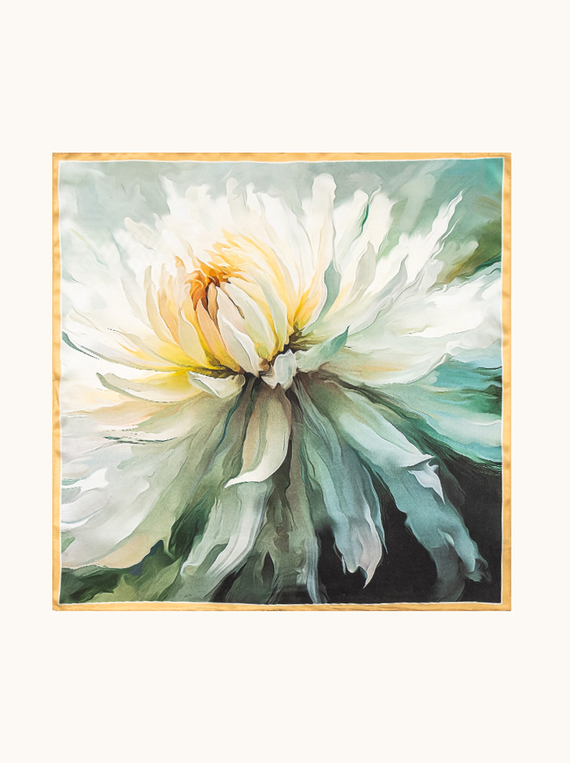 Medium silk scarf with floral motif in shades of green 68cm x 68 cm image 2