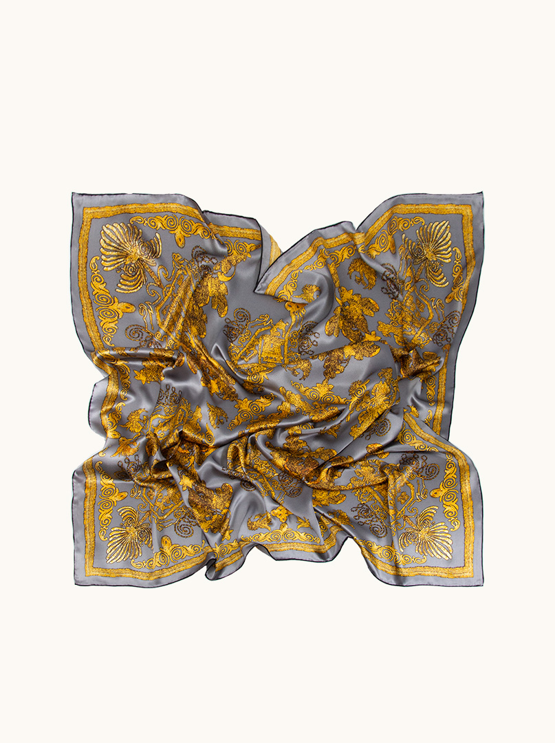 Large 110x110cm silk scarf in graphite with yellow patterns image 3