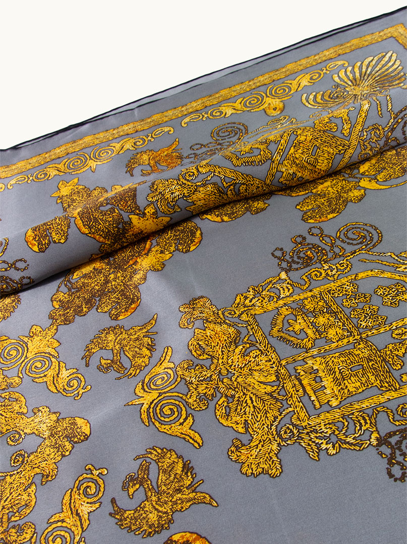 Large 110x110cm silk scarf in graphite with yellow patterns image 4