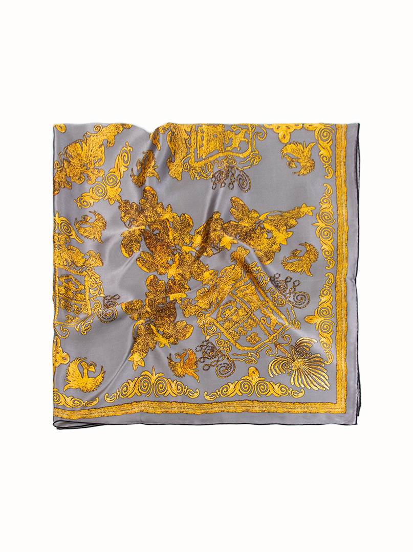 Large 110x110cm silk scarf in graphite with yellow patterns image 2