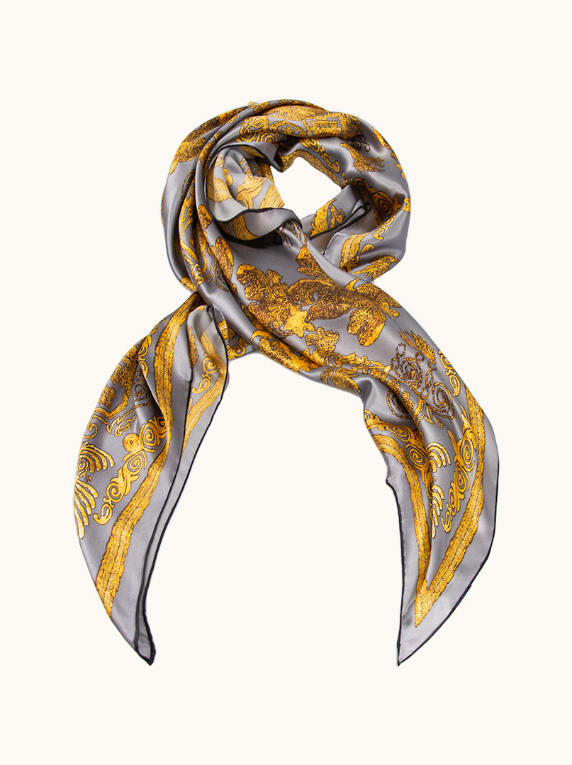 Large 110x110cm silk scarf in graphite with yellow patterns image 1