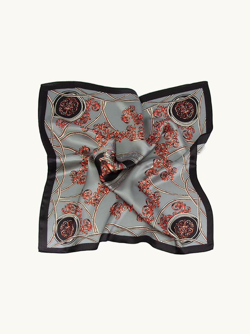 Small silk scarf gawroska gray with red patterns 53x53 cm PREMIUM image 4