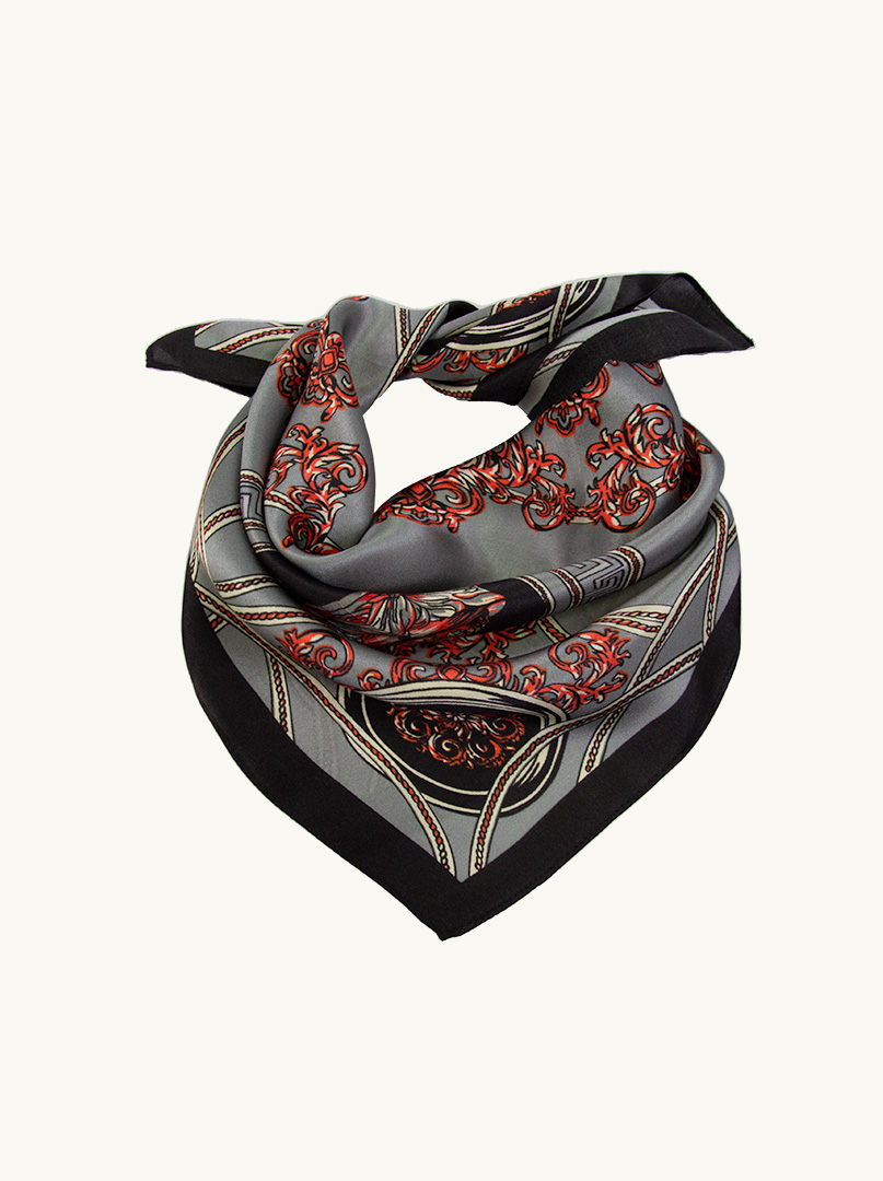 Small silk scarf gawroska gray with red patterns 53x53 cm PREMIUM image 3