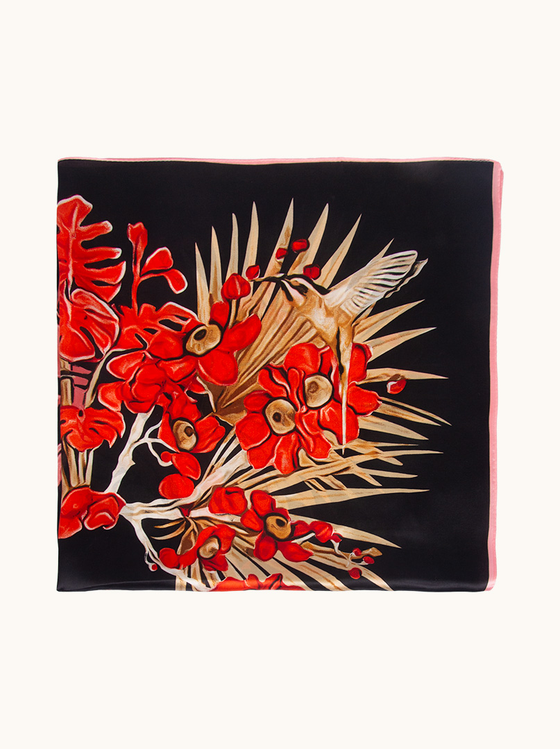 Silk scarf 90cm x 90cm black with floral motif image 3