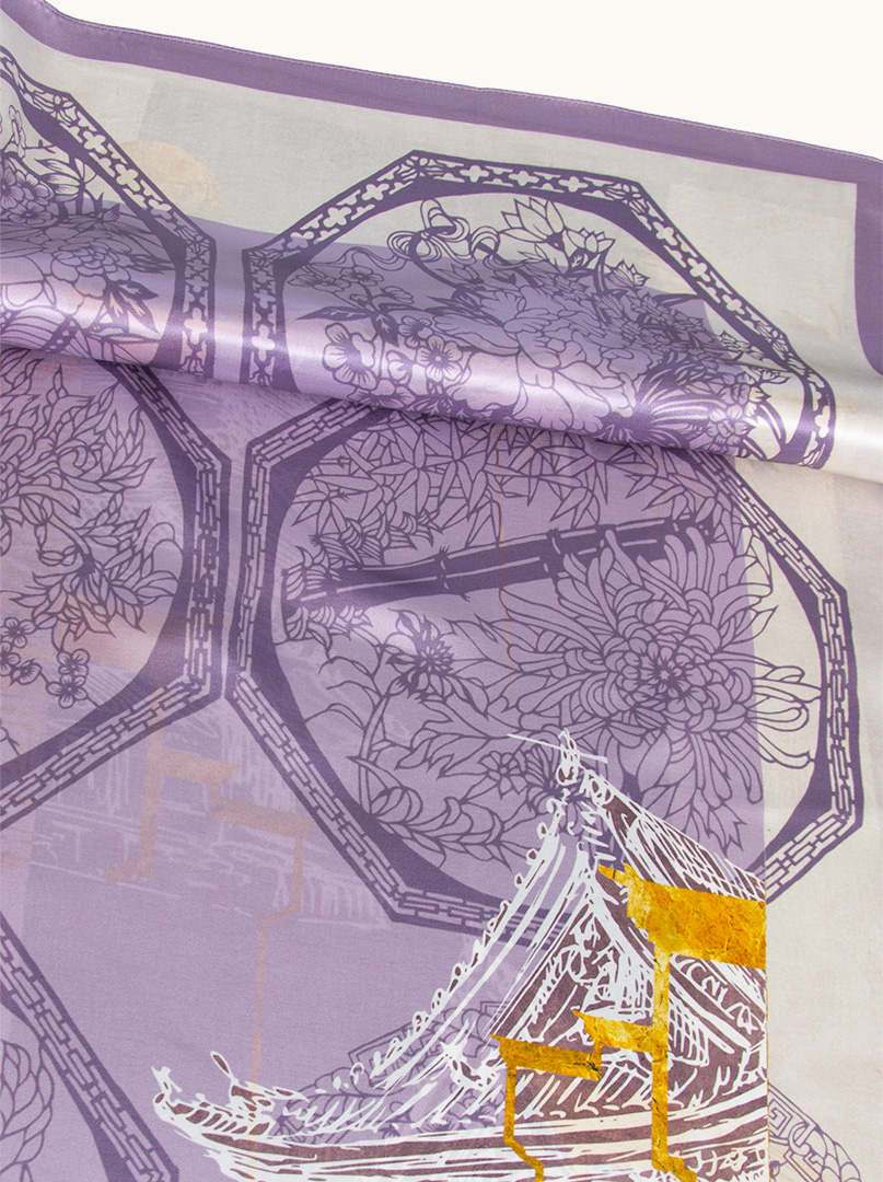 Large silk scarf with Japanese motif 90cm x 90cm image 4